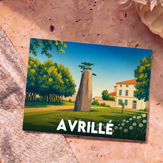 Carte postale souvenir de la ville d'Avrillé avec une illustration stylisée d'un menhir dans un parc arboré.