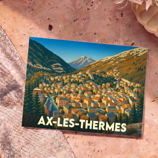 Carte postale souvenir de la ville d'Ax-les-Thermes présentant une illustration stylisée d'un village de montagne niché dans une vallée.