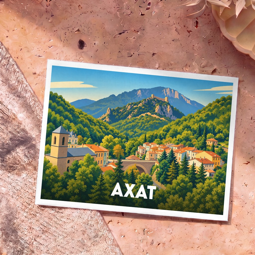 Carte postale souvenir de la ville d'Axat avec une illustration stylisée de ses paysages montagneux.