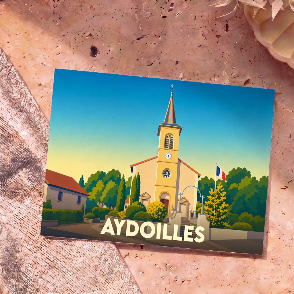 Carte postale souvenir de la ville d'Aydoilles avec une illustration stylisée de son église.