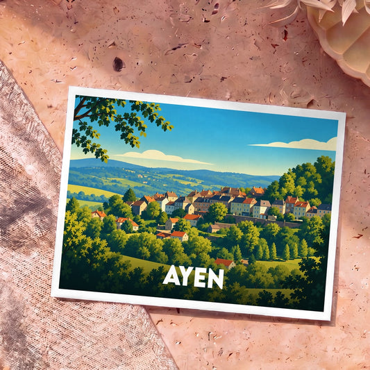 Carte postale souvenir de la ville d'Ayen avec une illustration stylisée de son paysage vallonné.