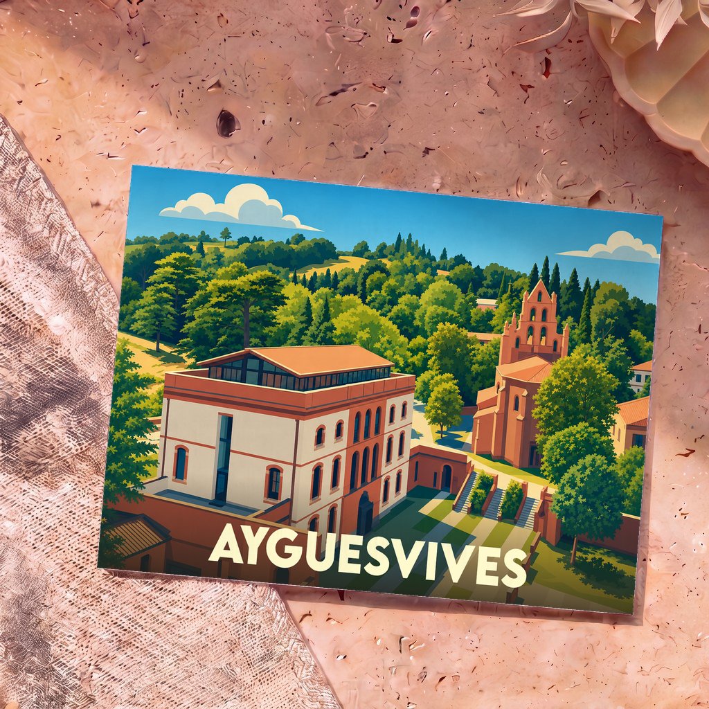 Carte postale souvenir de la ville d'Ayguesvives avec une illustration stylisée de son patrimoine architectural et de ses collines verdoyantes.