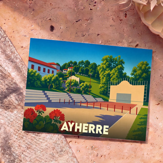 Carte postale souvenir de la ville d'Ayherre avec une illustration stylisée de son fronton de pelote basque.