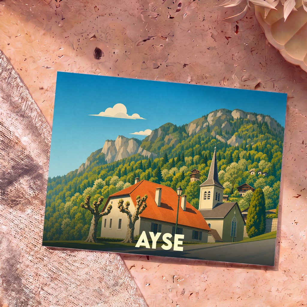 Carte postale souvenir de la ville d'Ayse avec une illustration stylisée de ses montagnes et de son église.