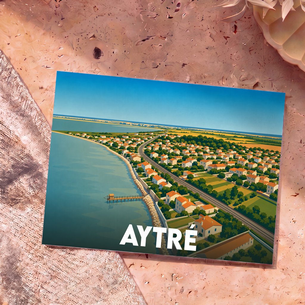 Carte postale souvenir de la ville d'Aytré illustrant un bord de mer stylisé avec ses maisons et son littoral.