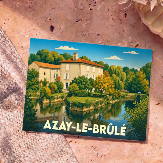 Carte postale souvenir de la ville d'Azay-le-Brûlé avec une illustration stylisée d'un manoir au bord de l'eau.