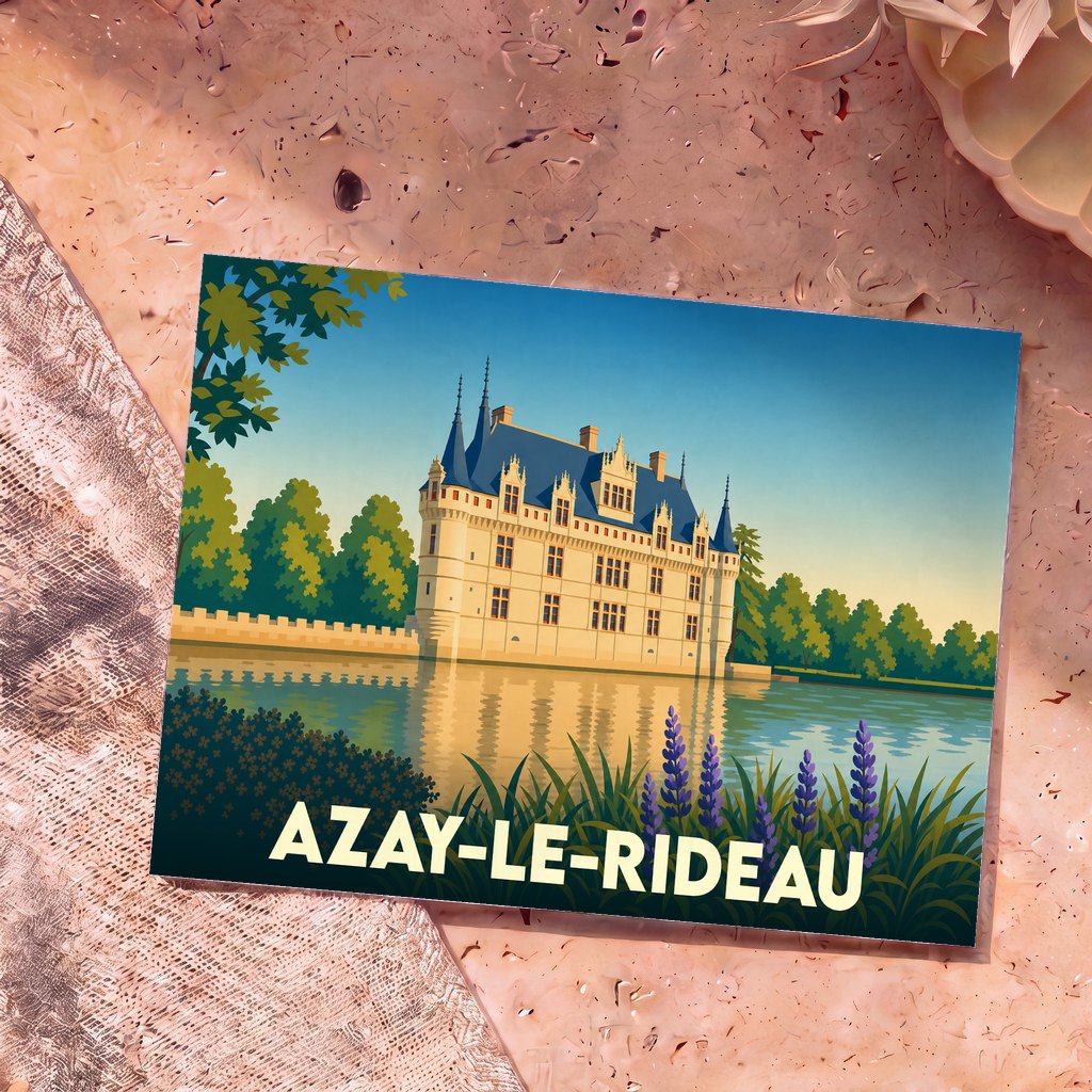 Carte postale souvenir de la ville d'Azay-le-Rideau illustrant son célèbre château se reflétant sur l'eau.