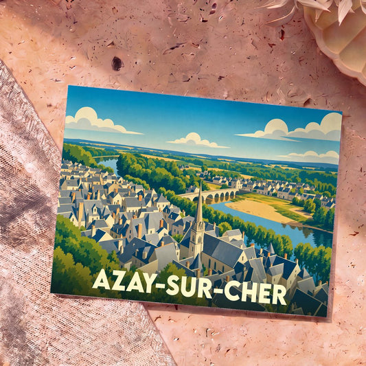 Carte postale souvenir de la ville d'Azay-sur-Cher avec une illustration stylisée d'un panorama urbain bordant le Cher.