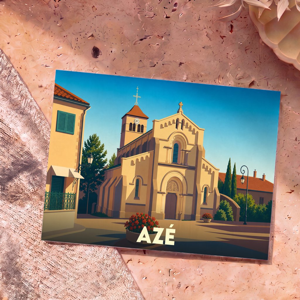 Carte postale souvenir de la ville d'Azé avec une illustration stylisée de son église sous un ciel bleu.