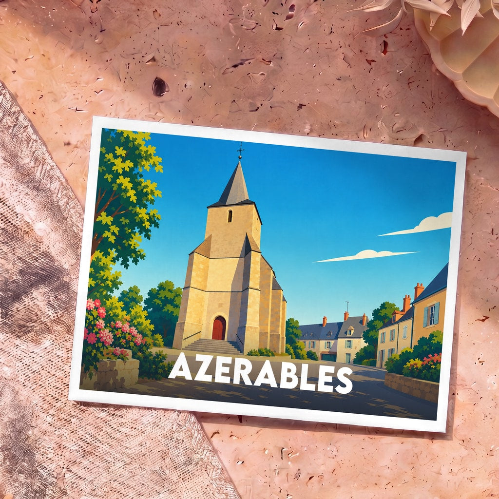 Carte postale souvenir de la ville d'Azerables avec une illustration stylisée de son église sous un ciel bleu.