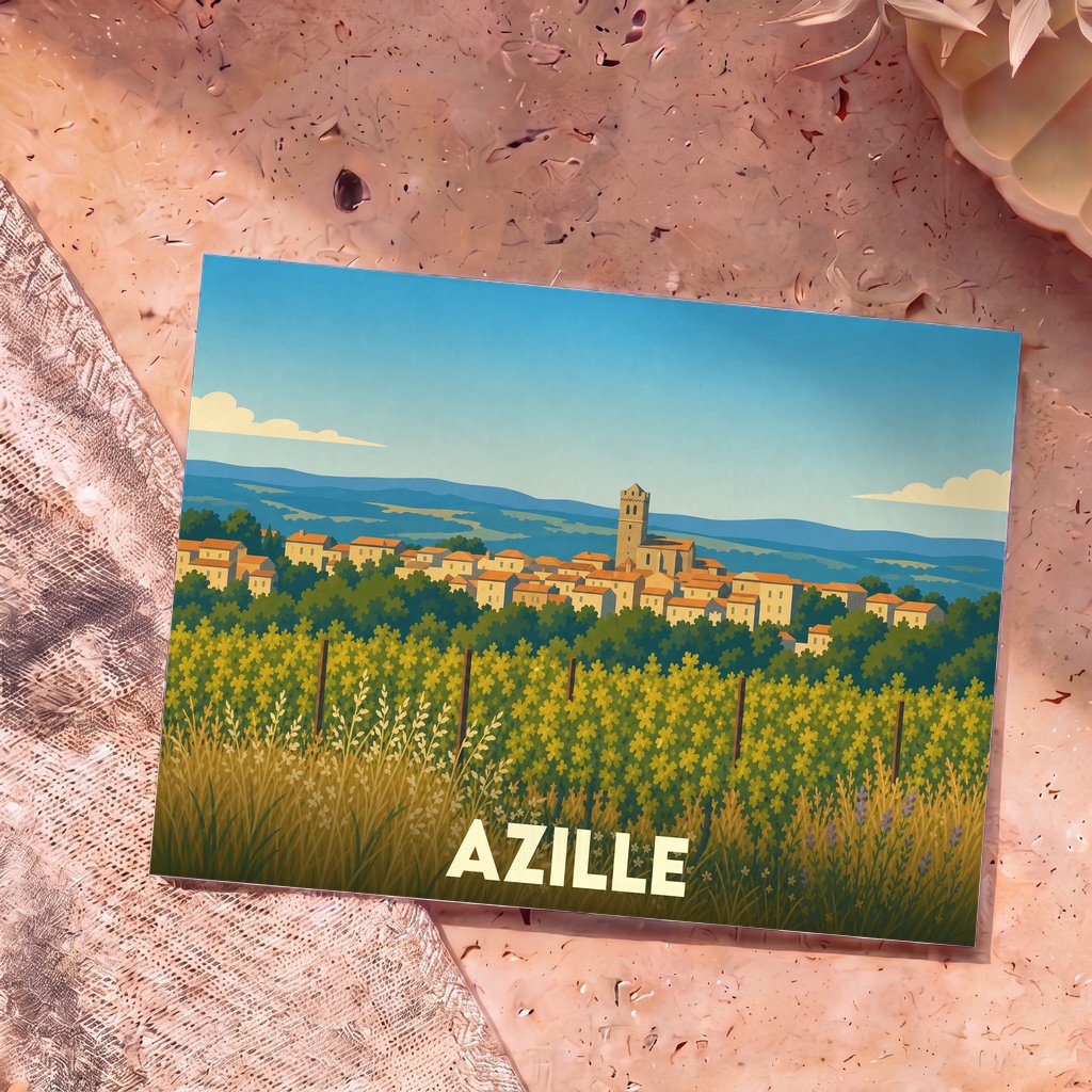 Carte postale souvenir de la ville d'Azille avec une illustration stylisée de ses vignobles et de son village.