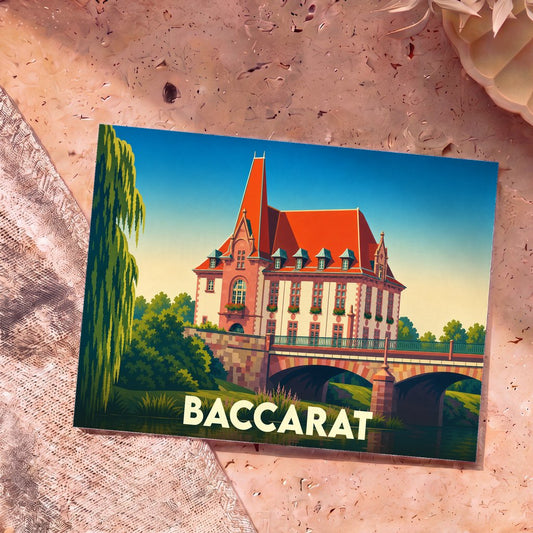 Carte postale souvenir de la ville de Baccarat avec une illustration stylisée d'un bâtiment historique au bord de l'eau.