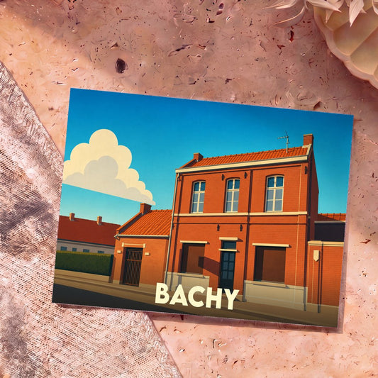 Carte postale souvenir de la ville de Bachy représentant une maison typique en briques rouges dans un style illustré épuré.
