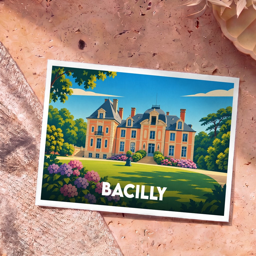 Carte postale souvenir de la ville de Bacilly avec une illustration stylisée d'un château entouré de jardins.
