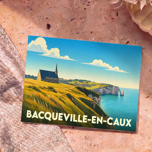 Carte postale souvenir de la ville de Bacqueville-en-Caux avec une illustration stylisée de falaises et d'une église en bord de mer.