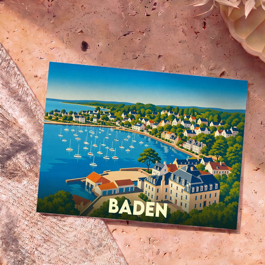 Carte postale souvenir de la ville de Baden présentant une illustration stylisée d'un port de plaisance bordé de maisons blanches.