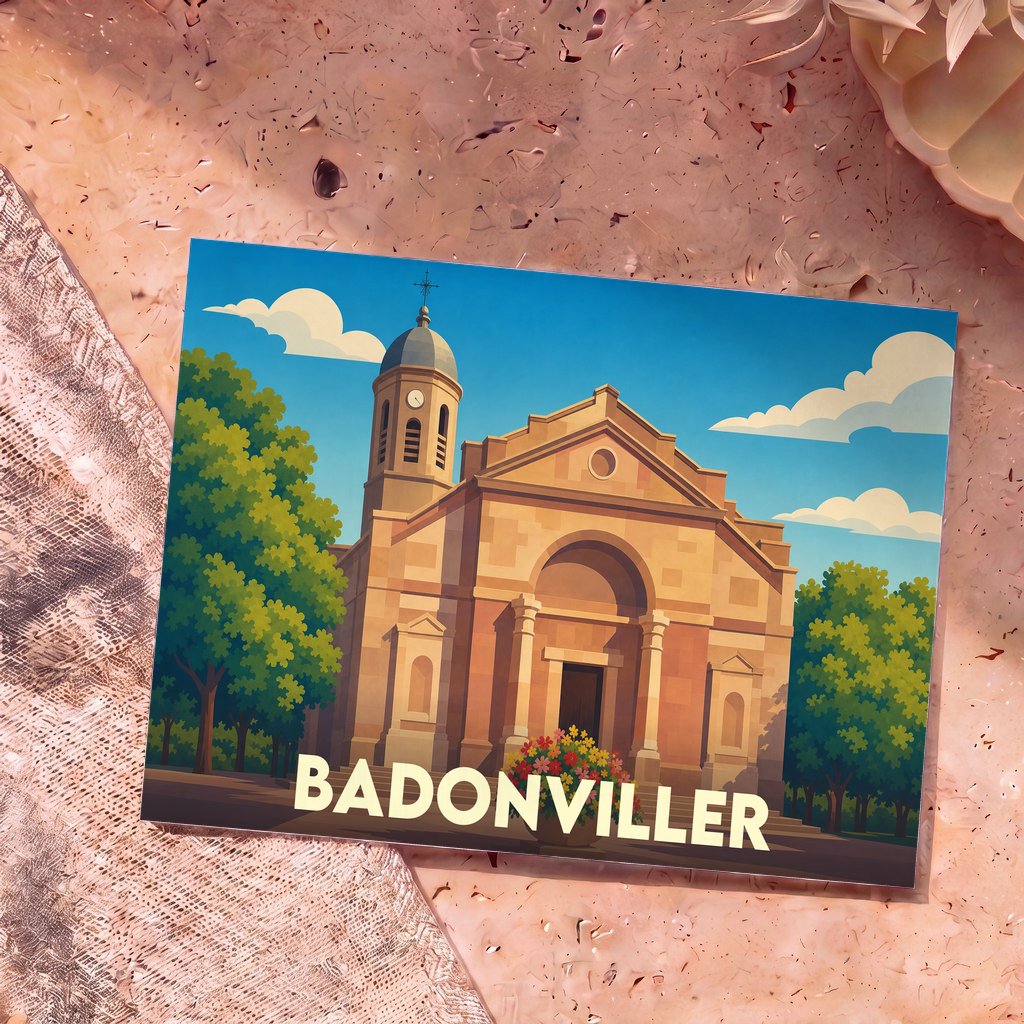 Carte postale souvenir de la ville de Badonviller avec une illustration stylisée de son église sous un ciel bleu.