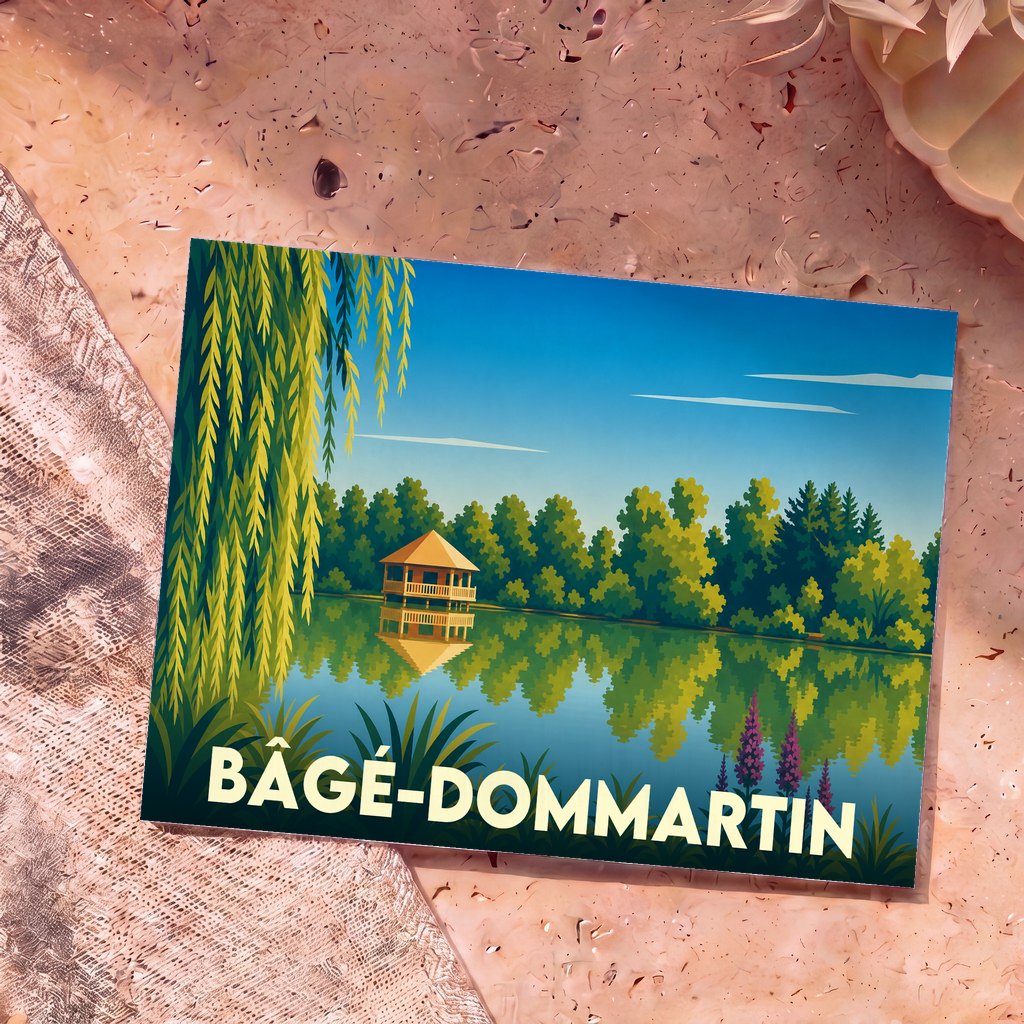 Carte postale souvenir de la ville de Bâgé-Dommartin avec une illustration stylisée d'un plan d'eau et de sa végétation.