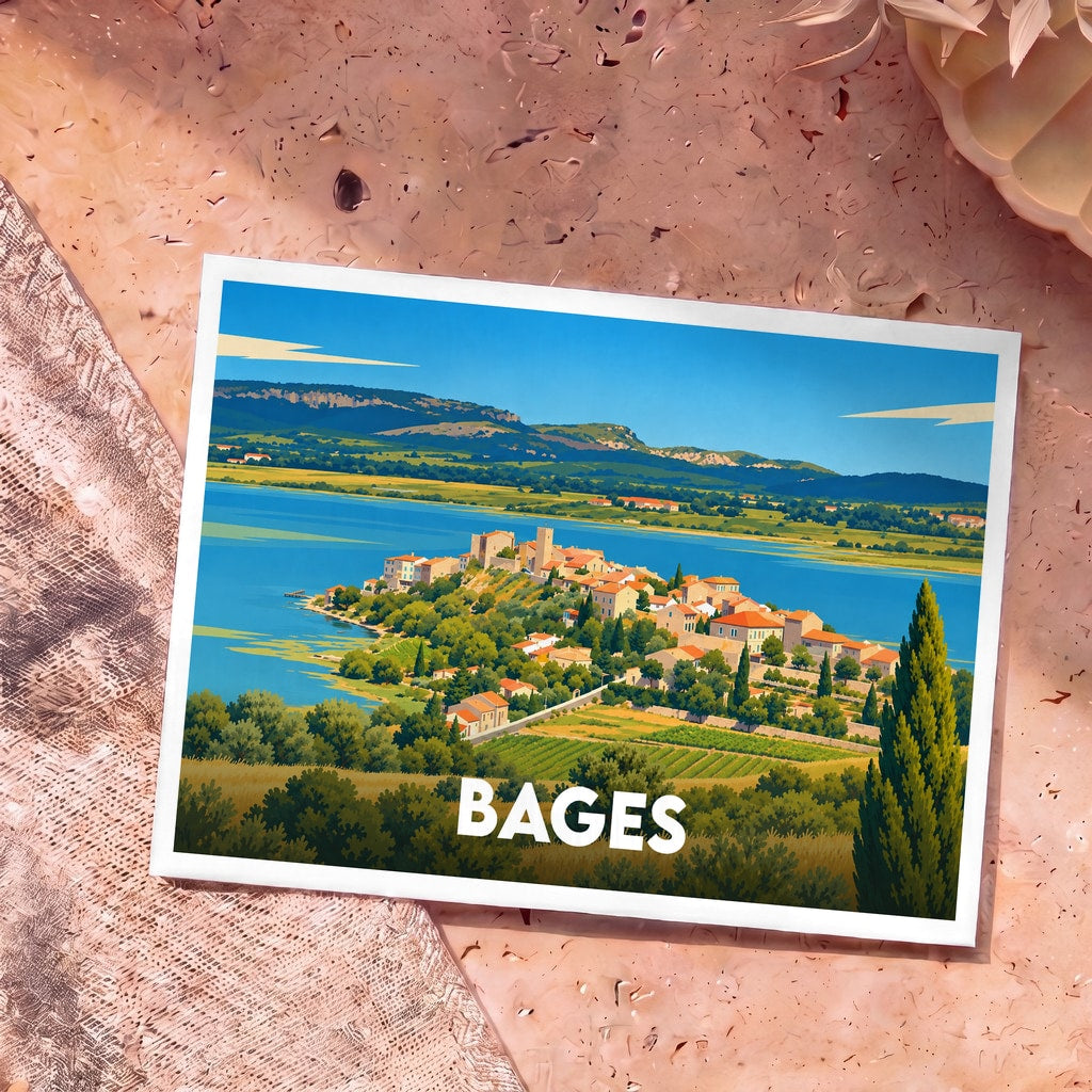 Carte postale souvenir de la ville de Bages avec une illustration stylisée en bord de mer.