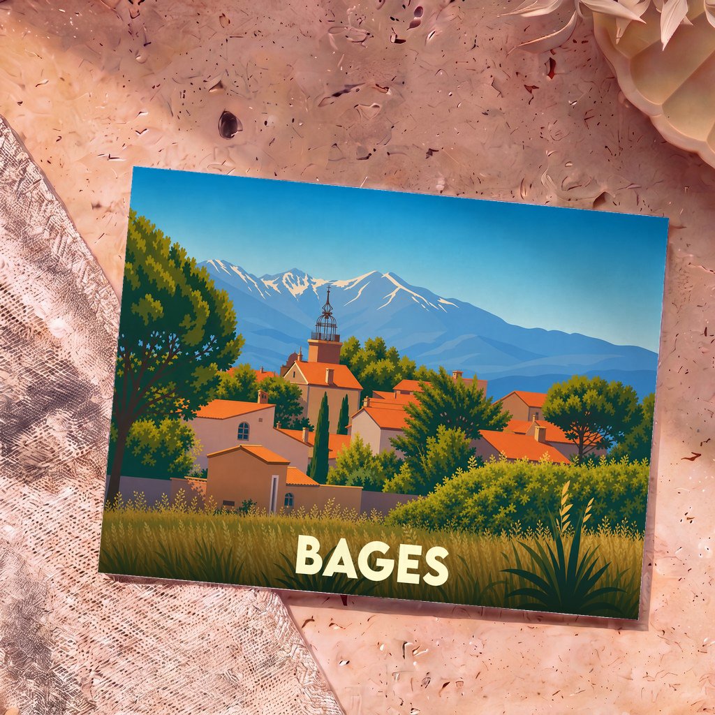 Carte postale souvenir de la ville de Bages illustrant le village et les montagnes dans un style graphique épuré.