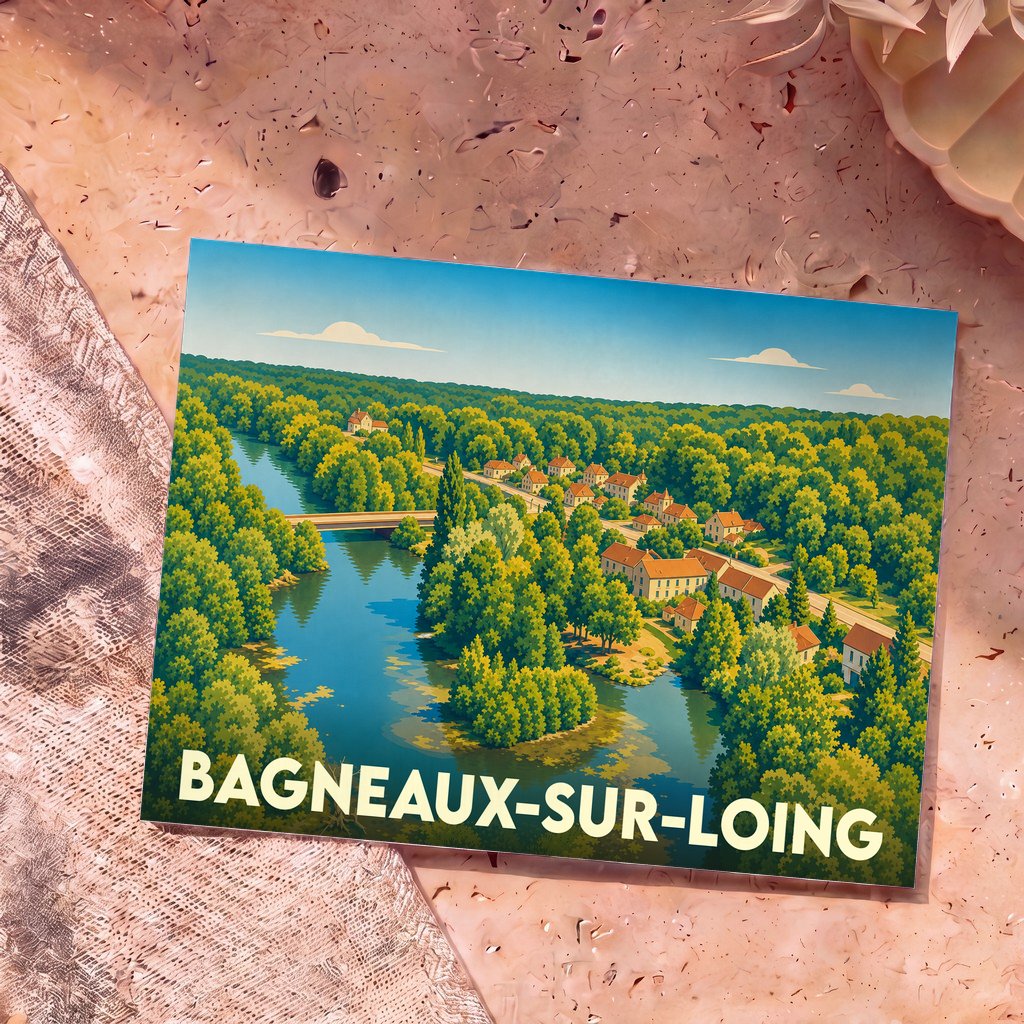 Carte postale souvenir de la ville de Bagneaux-sur-Loing présentant une illustration stylisée d'un village bordant une rivière.
