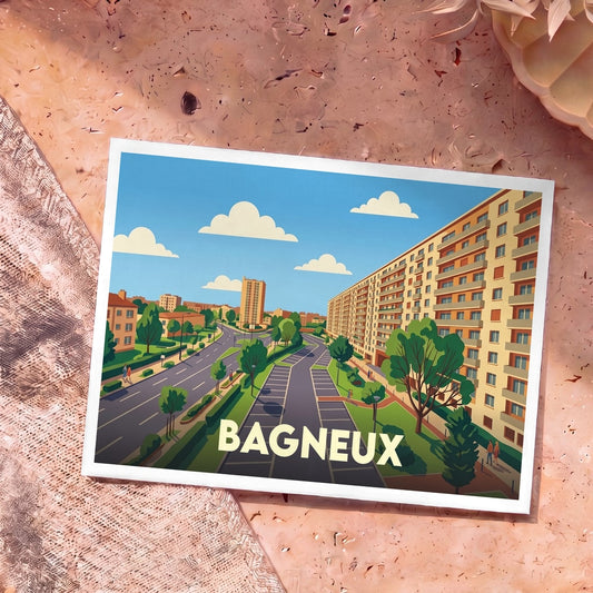 Carte postale souvenir de la ville de Bagneux avec une illustration stylisée montrant ses immeubles et ses espaces verts.