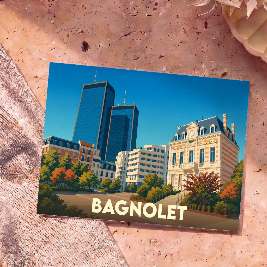 Carte postale souvenir de la ville de Bagnolet illustrant les tours Mercuriales et l'hôtel de ville dans un style graphique épuré.