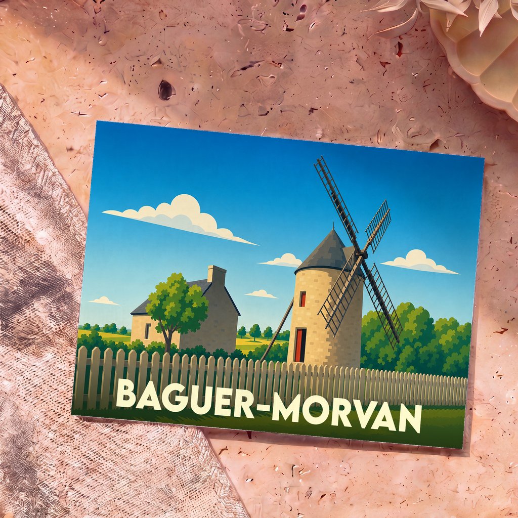 Carte postale souvenir de la ville de Baguer-Morvan avec une illustration stylisée d'un moulin et d'une maison.