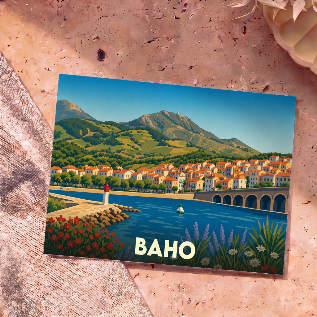 Carte postale souvenir de la ville de Baho avec une illustration stylisée représentant un paysage côtier et montagneux.