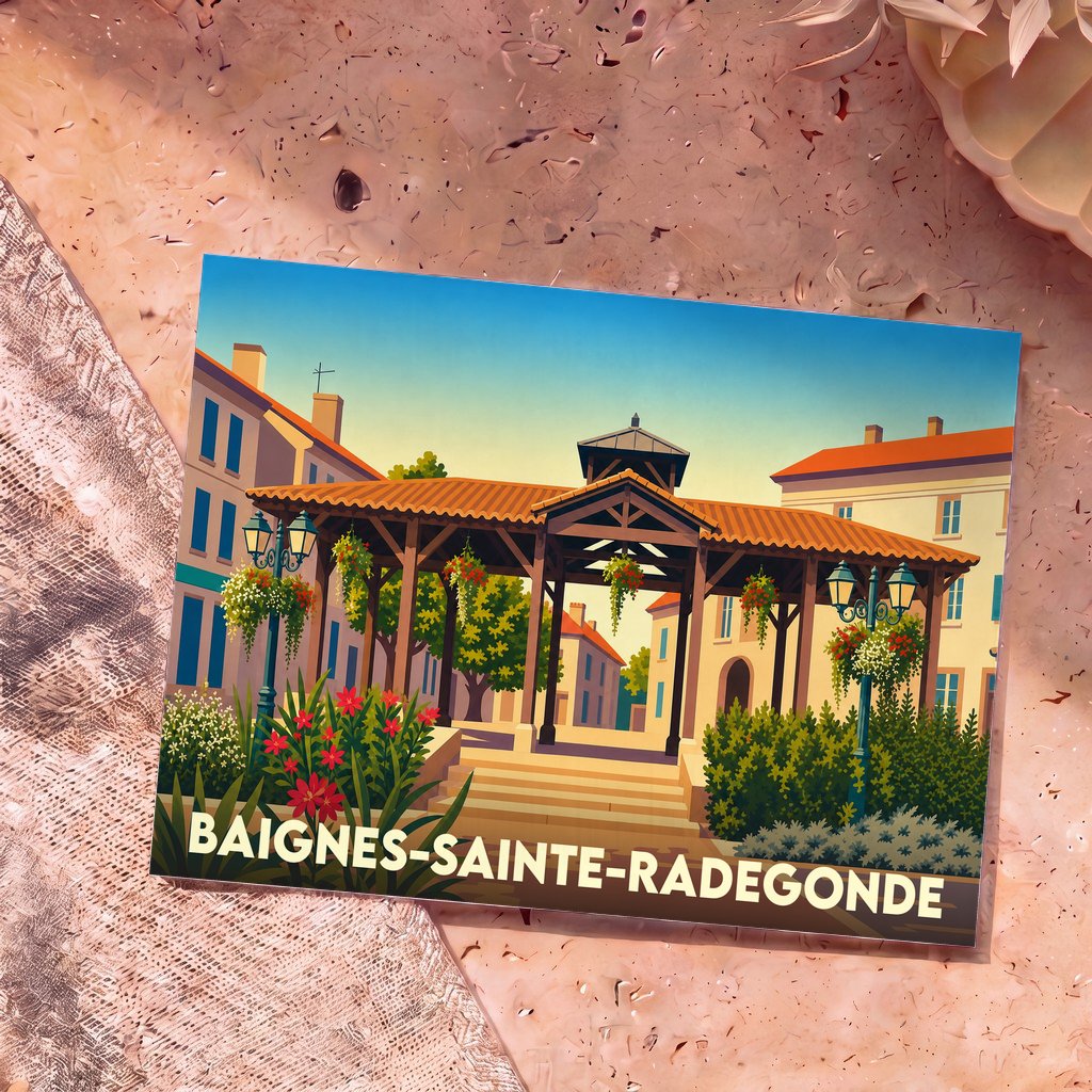 Carte postale souvenir de la ville de Baignes-Sainte-Radegonde avec une illustration stylisée de sa place du marché.