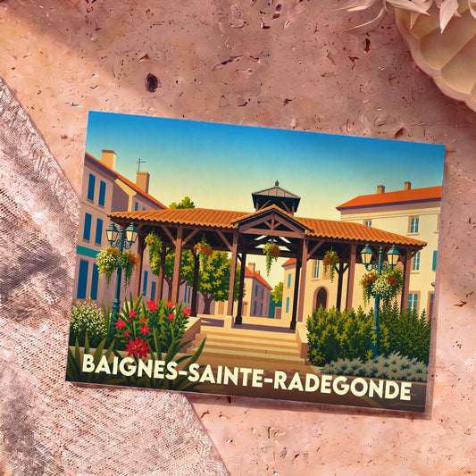 Carte postale souvenir de la ville de Baignes-Sainte-Radegonde avec une illustration stylisée de sa place du marché.