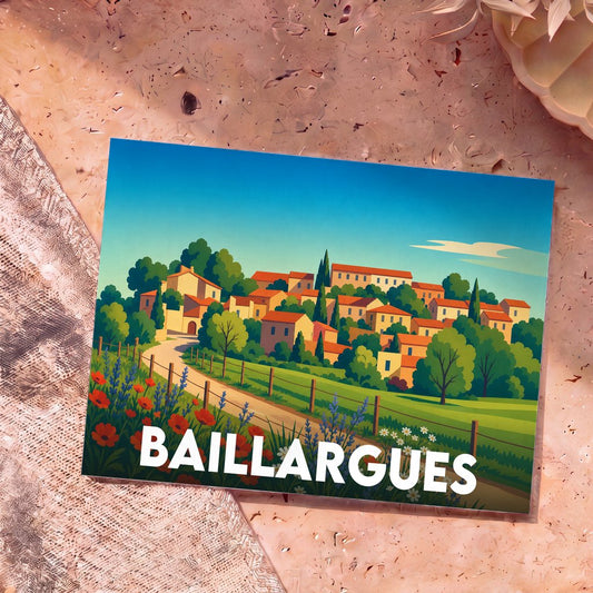 Carte postale souvenir de la ville de Baillargues avec une illustration stylisée d'un village ensoleillé.