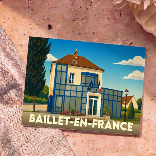 Carte postale souvenir de la ville de Baillet-en-France avec une illustration stylisée de la mairie.