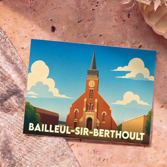 Carte postale souvenir de la ville de Bailleul-Sir-Berthoult avec une illustration stylisée de son église.