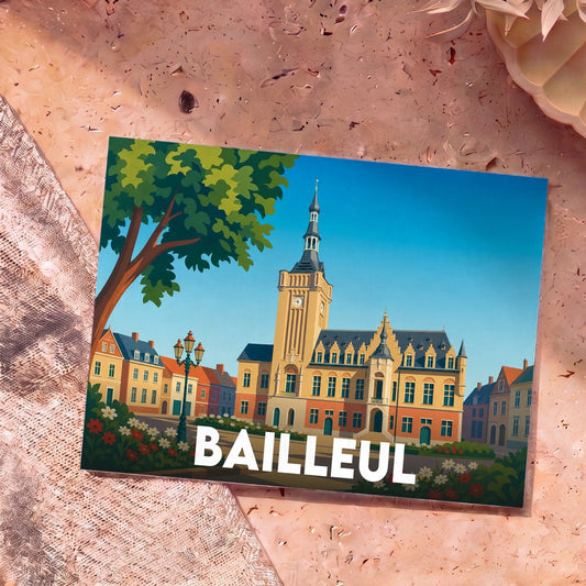 Carte postale souvenir de la ville de Bailleul avec une illustration stylisée de son beffroi.