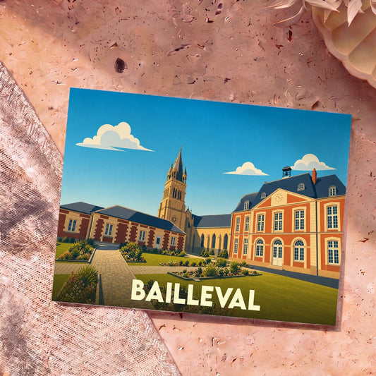 Carte postale souvenir de la ville de Bailleval avec une illustration stylisée de son patrimoine architectural.
