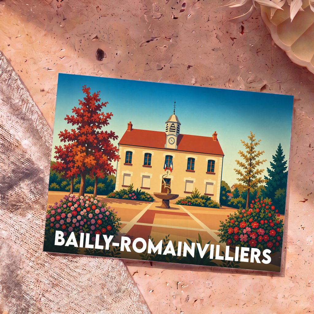 Carte postale souvenir de la ville de Bailly-Romainvilliers avec une illustration colorée et stylisée de l'hôtel de ville.