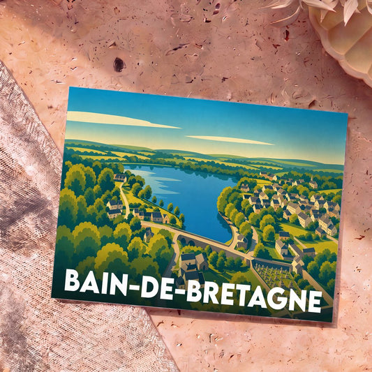 Carte postale souvenir de la ville de Bain-de-Bretagne avec une illustration stylisée d'un lac bordé de maisons et de verdure.