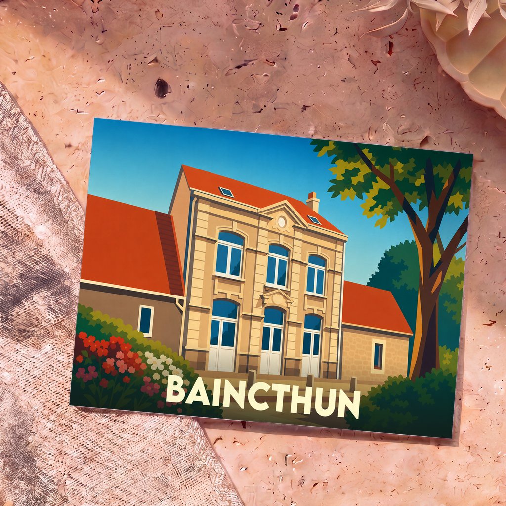 Carte postale souvenir de la ville de Baincthun avec une illustration stylisée de sa mairie.