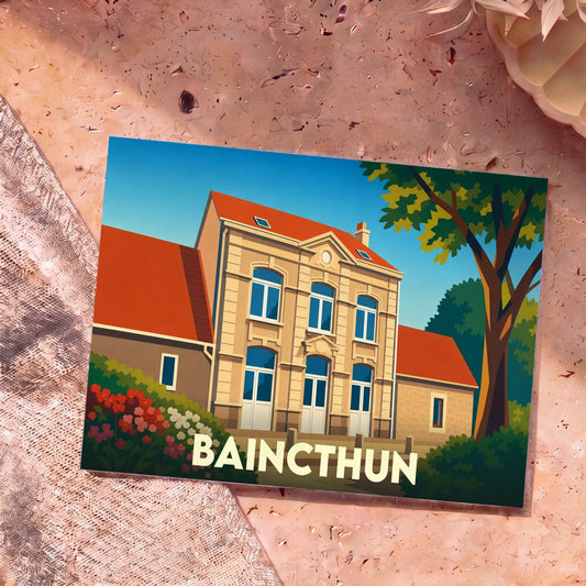 Carte postale souvenir de la ville de Baincthun avec une illustration stylisée de sa mairie.