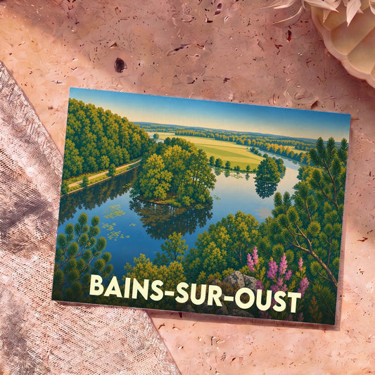 Carte postale souvenir de la ville de Bains-sur-Oust avec une illustration stylisée d'un paysage de rivière.
