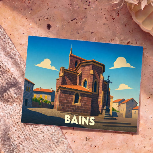 Carte postale souvenir de la ville de Bains illustrant son église en briques rouges dans un style graphique épuré.