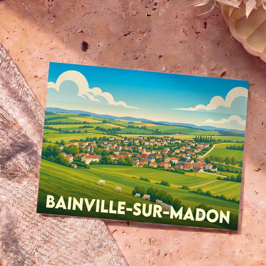 Carte postale souvenir de Bainville-sur-Madon illustrant un paysage de village vallonné dans un style rétro.