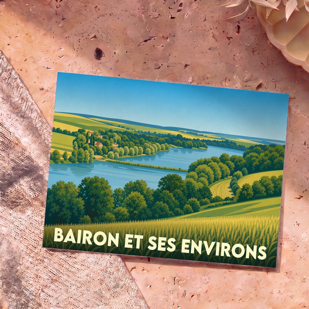 Carte postale souvenir de Bairon et ses environs illustrant un paysage vallonné avec un lac dans un style graphique épuré.