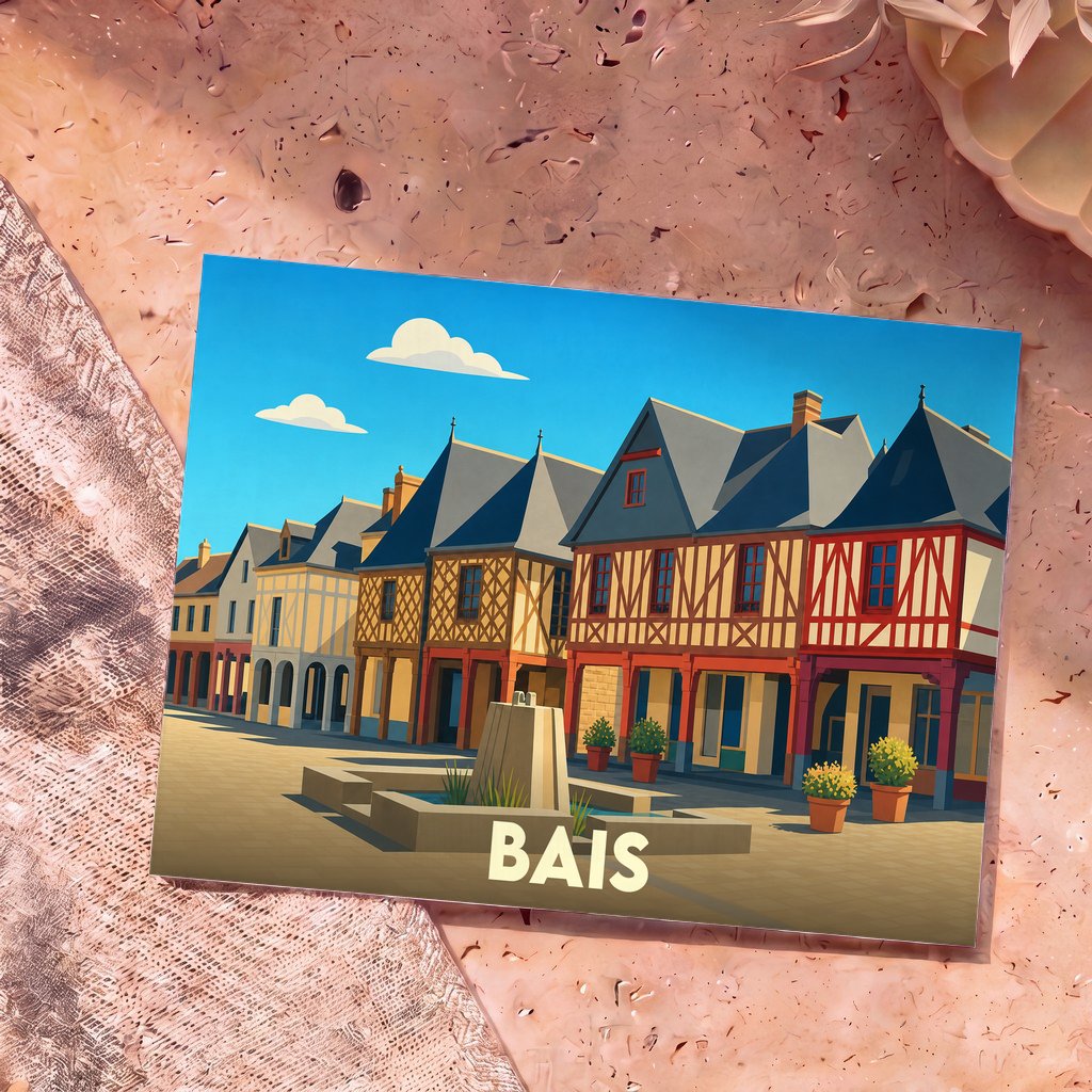 Carte postale souvenir de la ville de Bais avec une illustration stylisée de ses maisons à pans de bois.