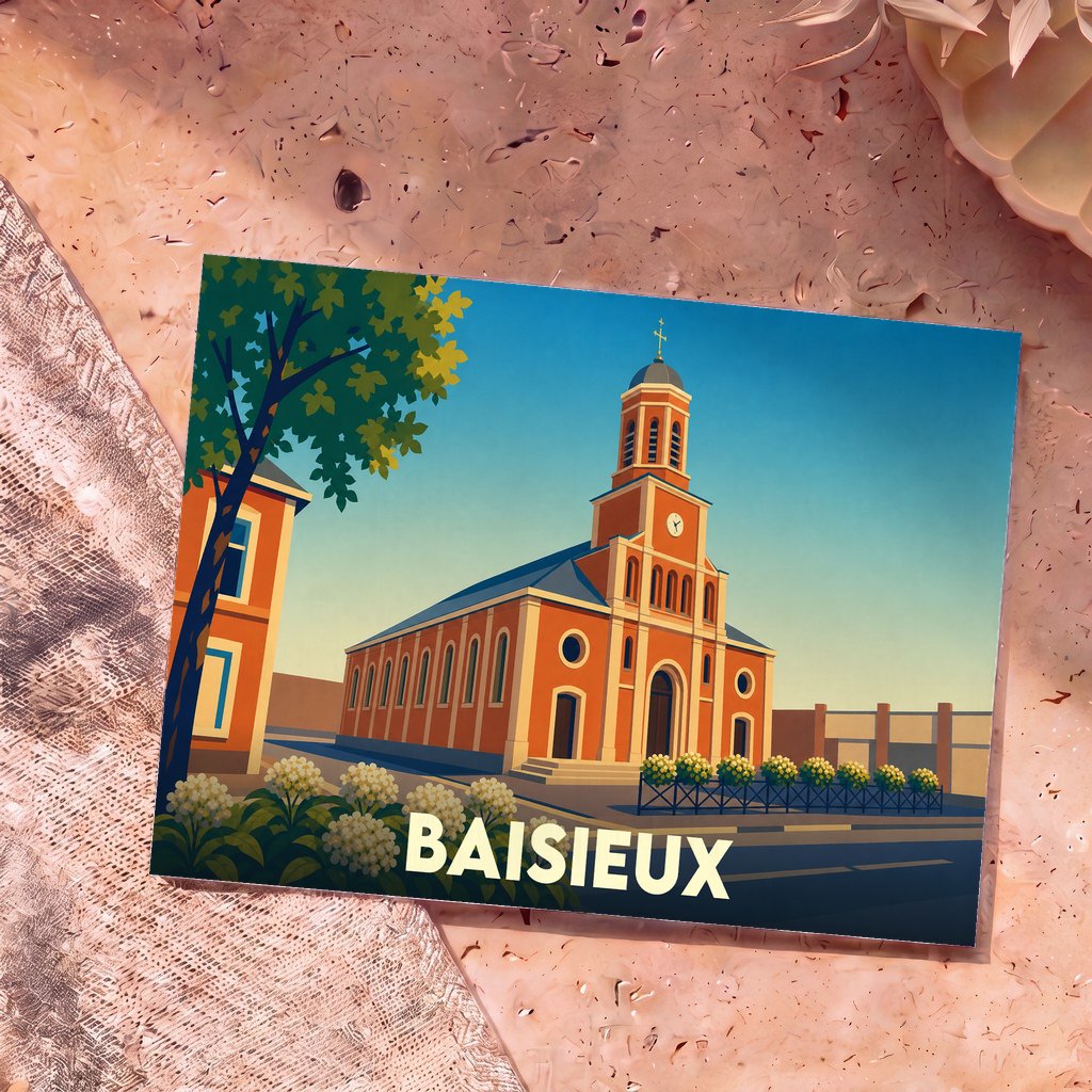 Carte postale souvenir de la ville de Baisieux avec une illustration stylisée de son église.