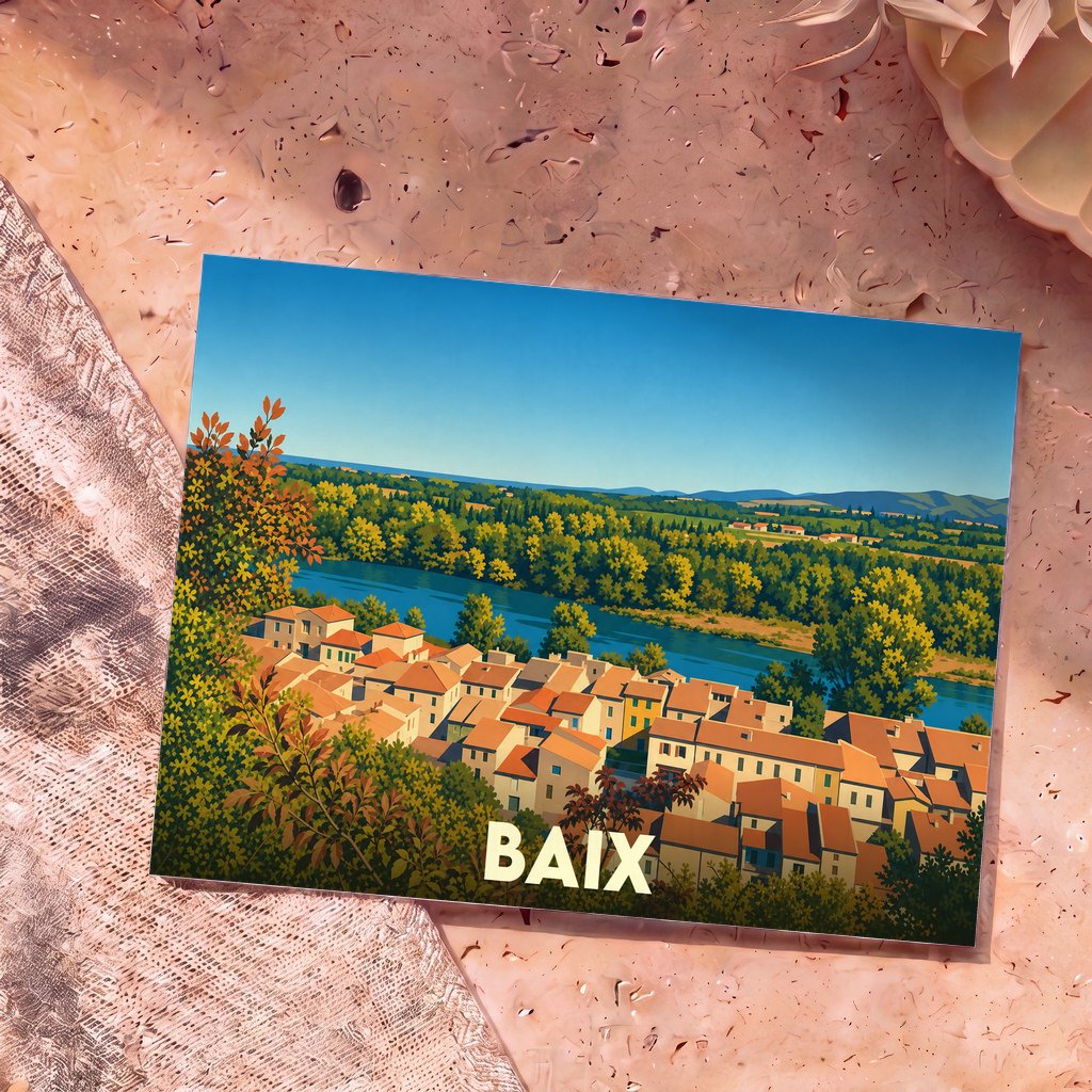 Carte postale souvenir de la ville de Baix illustrant un village provençal en bord de fleuve dans un style graphique épuré.
