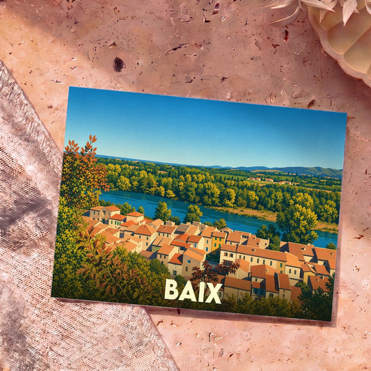 Carte postale souvenir de la ville de Baix illustrant un village provençal en bord de fleuve dans un style graphique épuré.