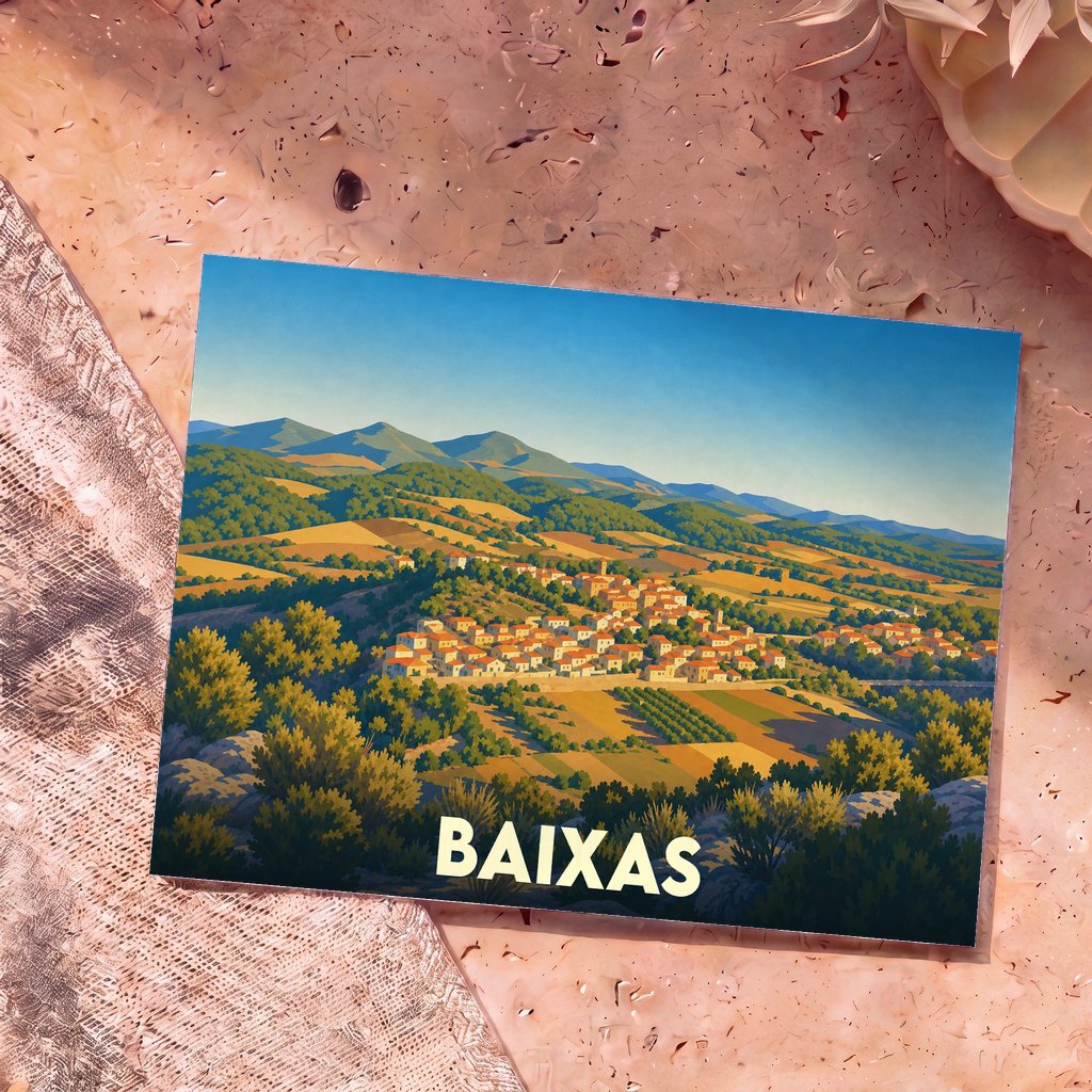 Carte postale souvenir de la ville de Baixas présentant une illustration stylisée de son paysage vallonné et de ses vignobles.