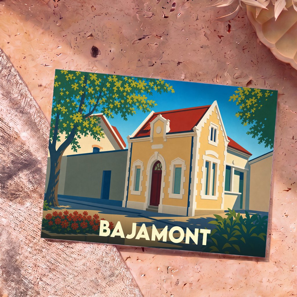 Carte postale souvenir de la ville de Bajamont avec une illustration stylisée d'une maison traditionnelle.